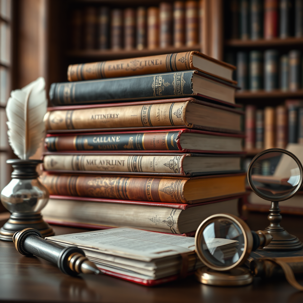 A stylized image depicting a stack of classic books, each with a distinctive cover design, arranged in a visually appealing composition. The books should be surrounded by vintage props, such as a quill pen, inkwell, and magnifying glass. Camera angle: close-up shot, focusing on the details of the books and props. Textures: aged and textured rendering of the books and props. Environment: study room. Props: quill pen, inkwell, magnifying glass, stack of books. Style reference: antique book illustration. Technical specs: 4K resolution, high quality.
