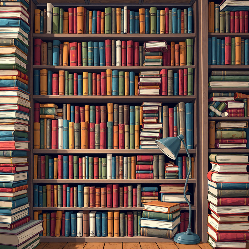A stylized image of a bookshelf overflowing with colorful and diverse books. The books should be neatly arranged and visually appealing. Camera angle: wide shot, capturing the entire bookshelf. Textures: textured and aged rendering of the books and shelves. Environment: Cozy library. Props: stacks of books, reading lamp. Style reference: Illustration. Technical specs: 4K resolution, high quality.