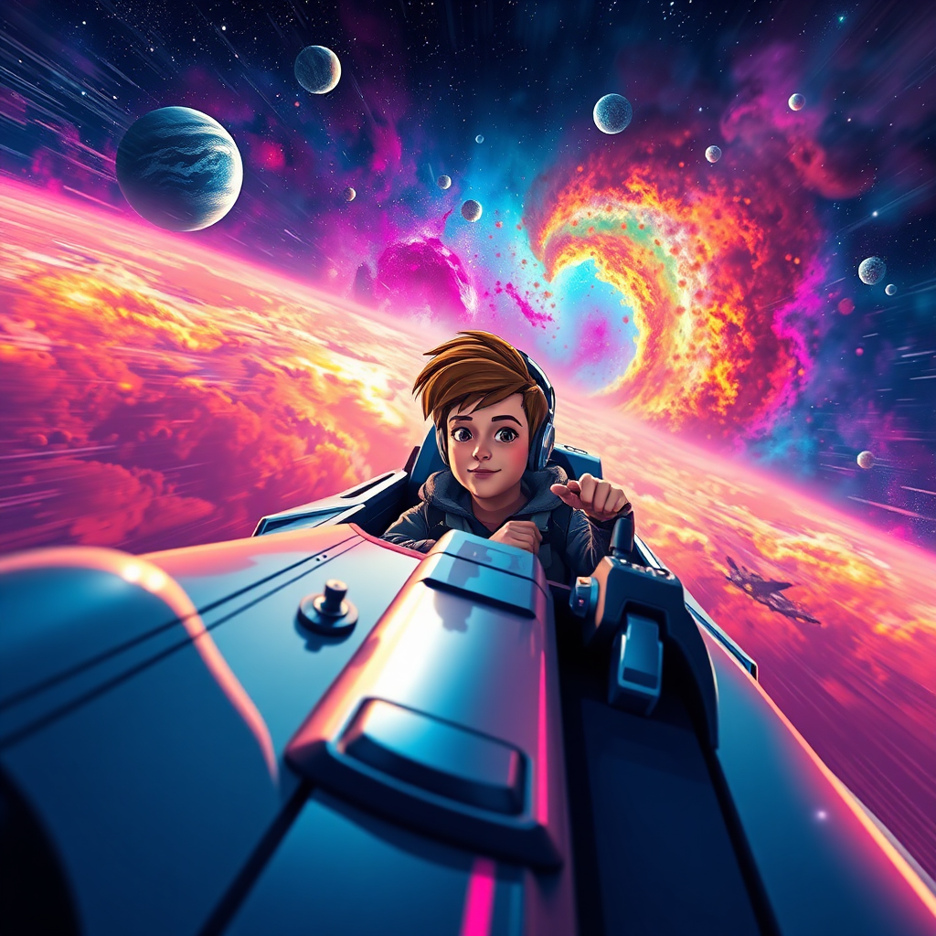 A stylized image of a teenager piloting a spaceship through a colorful nebula, with planets and stars visible in the background. The spaceship should be sleek and futuristic, and the nebula should be filled with vibrant colors and swirling patterns. Camera angle: wide shot, capturing the entire scene. Textures: smooth and glossy rendering of the spaceship and nebula. Environment: outer space. Props: spaceship, joystick, helmet. Style reference: space opera concept art. Technical specs: 4K resolution, high quality.