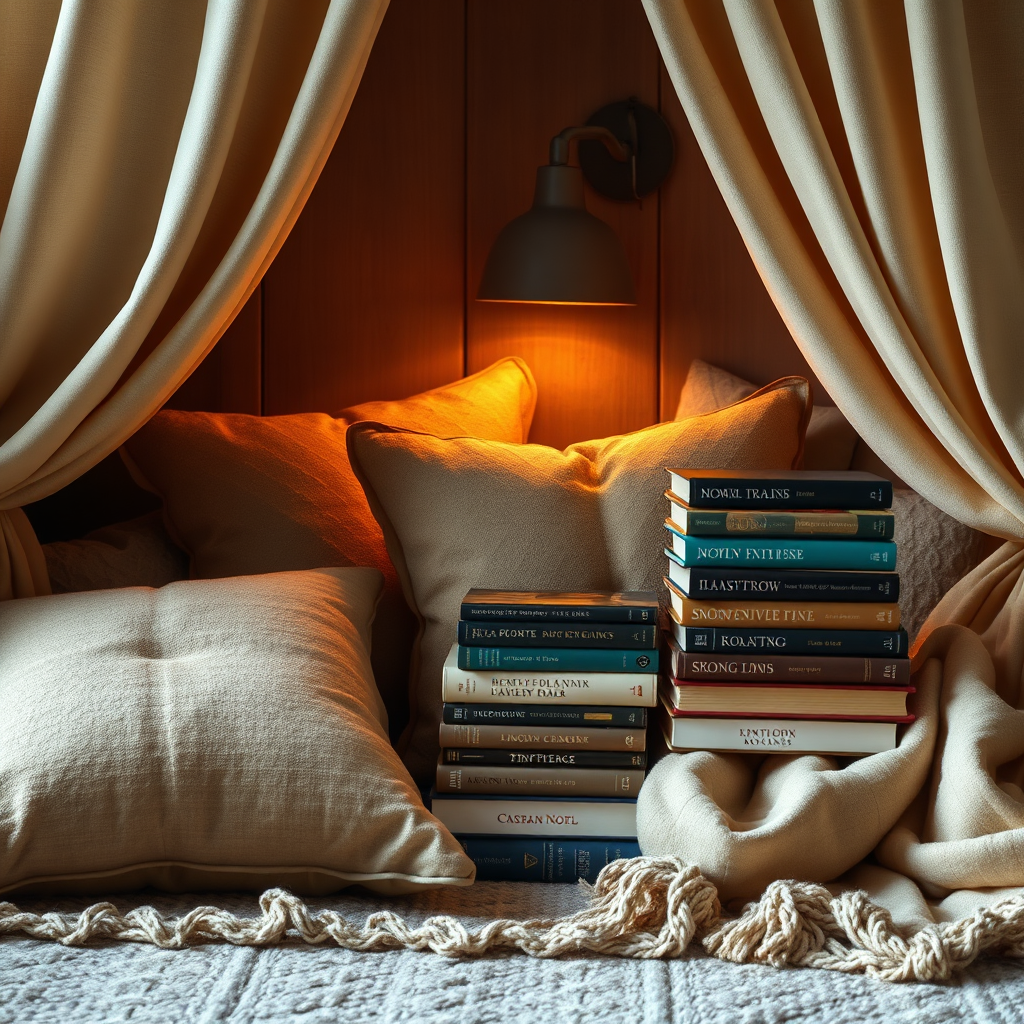 Design a visually striking image portraying a serene reading nook that highlights lesser-known best-selling romance novels. Incorporate soft pillows, a warm blanket, and gentle lighting to create a cozy retreat. Books should be stacked artistically, some partially obscured as if waiting to be discovered. The color scheme should blend earthy tones with splashes of color from the book covers. Capture the inviting essence of discovering treasures within various genres, focusing on high-quality details that immerse the viewer in the scene.