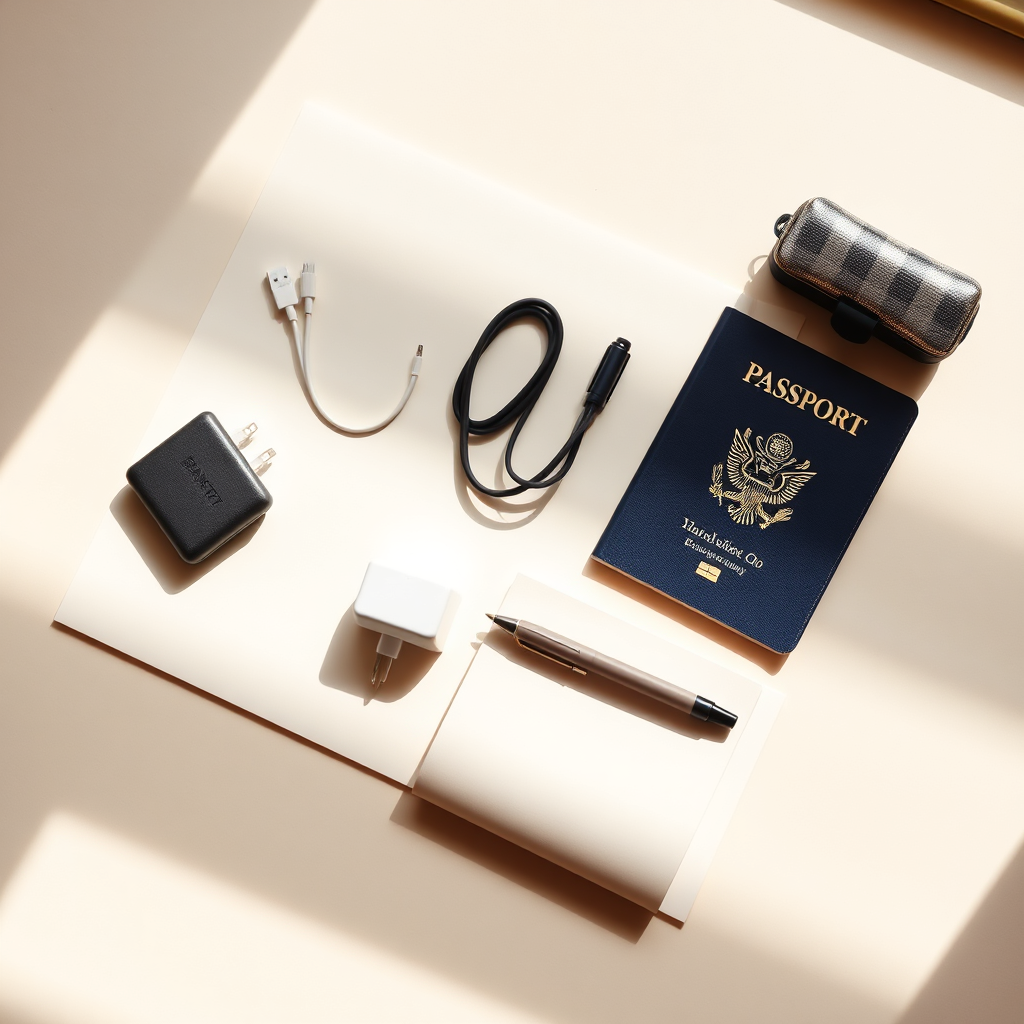 Minimal travel gear laid out neatly on a warm paper background