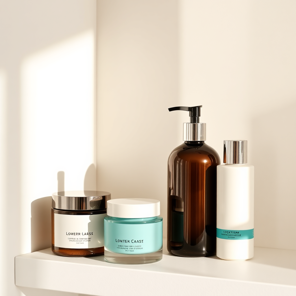 Elegant skincare bottles on a shelf with soft daylight and calm tones