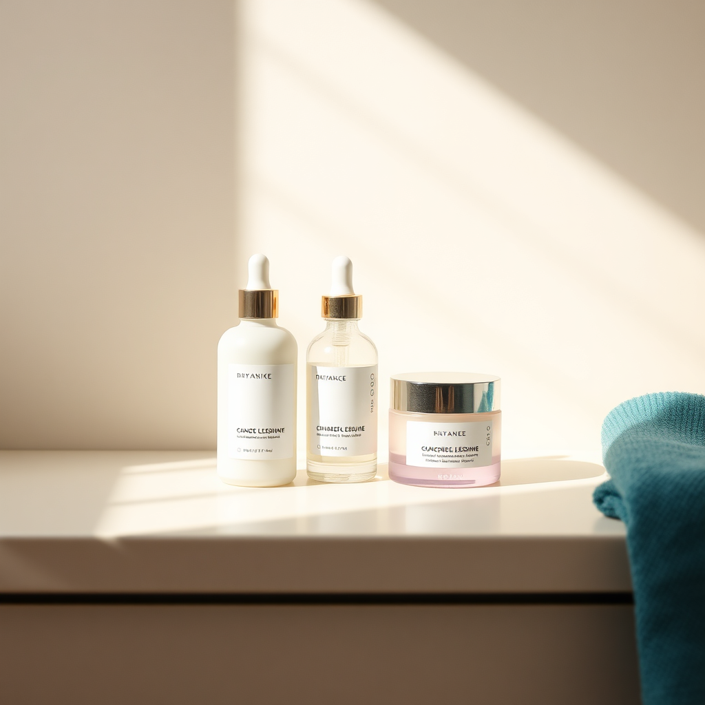 Minimal skincare bottles and jar with soft shadows on warm off-white surface