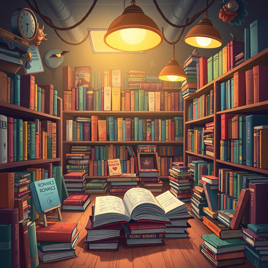 Illustrate an imaginative scene filled with unusual romance novels, displayed in a creative library setting. Use a diverse range of unique book covers to draw attention. Include elements like quirky decorations or themed spaces that reflect the variety found in romance literature. The lighting should be fun and engaging, fostering a vibe of adventure and curiosity. Focus on rich textures and vibrant color contrasts to amp up the appeal of the space, executed in high-quality resolution.