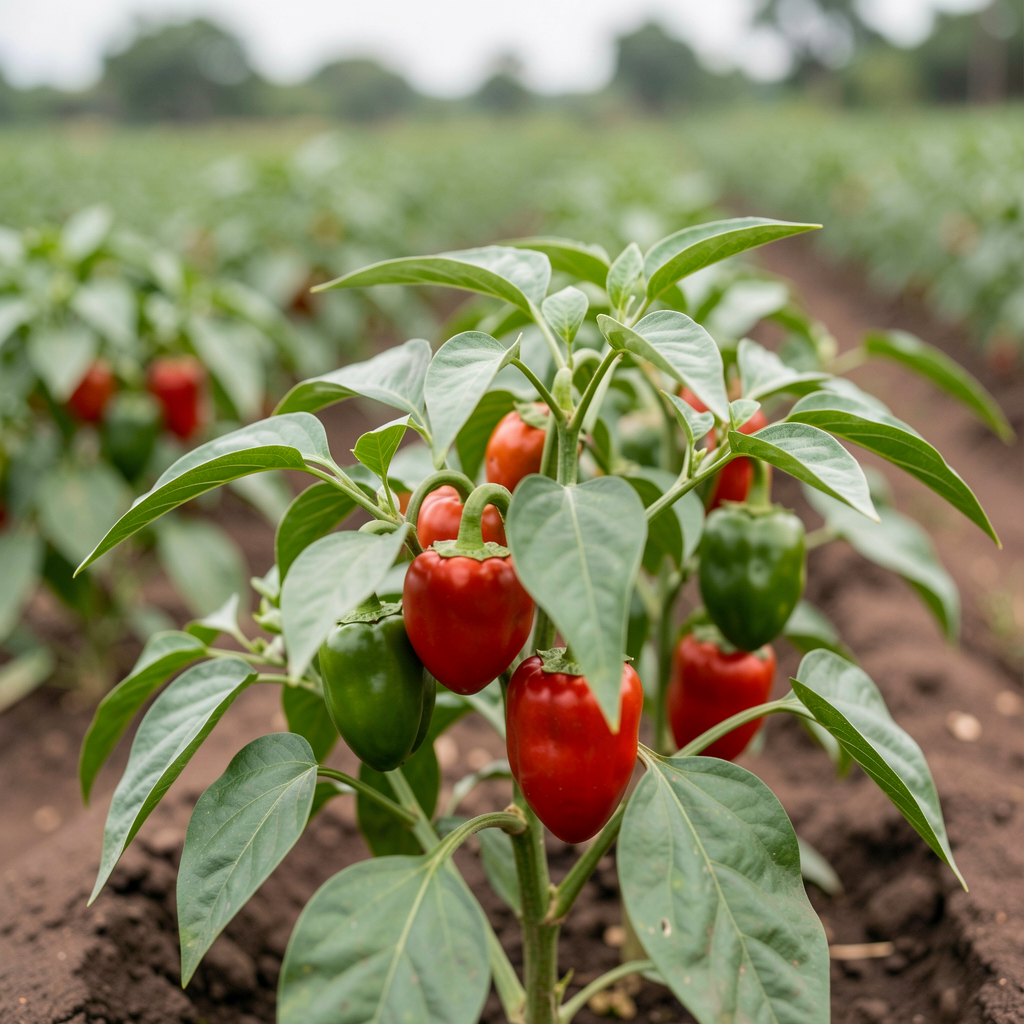 Pepper plants with ripening peppers