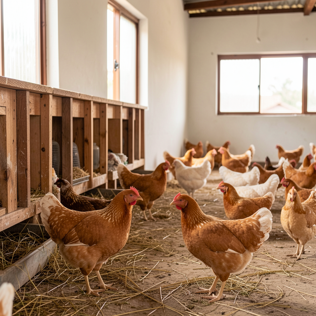 Layer chickens in a tidy housing area