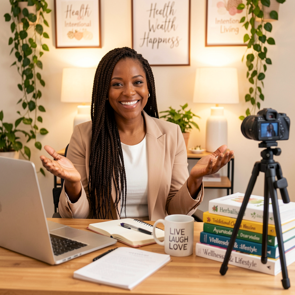 Charlotte Hour founder recording a video consultation at her desk with wellness books and trailing plants