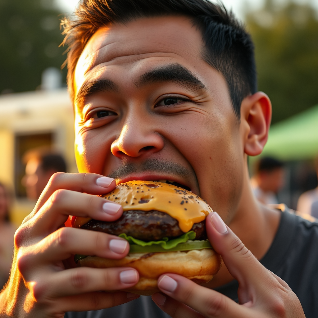 Tony Hoang enjoying a burger