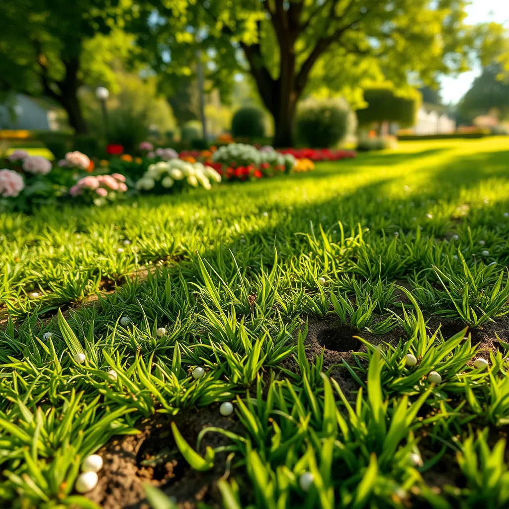 A close-up, high-angle shot of a lush, green lawn with freshly aerated holes, visible seeds scattered across the surface. Sunlight filters through the leaves of nearby trees casting dappled shadows.  The image should have a warm, inviting color palette, emphasizing the vibrant greens and golden sunlight. Capture the texture of the freshly aerated soil and the delicate green shoots of new grass. The background should depict a well-maintained garden with blooming flowers and mature trees, creating a sense of tranquility. Style reference: National Geographic photography, 8K resolution, hyperrealistic, ultra-detailed.