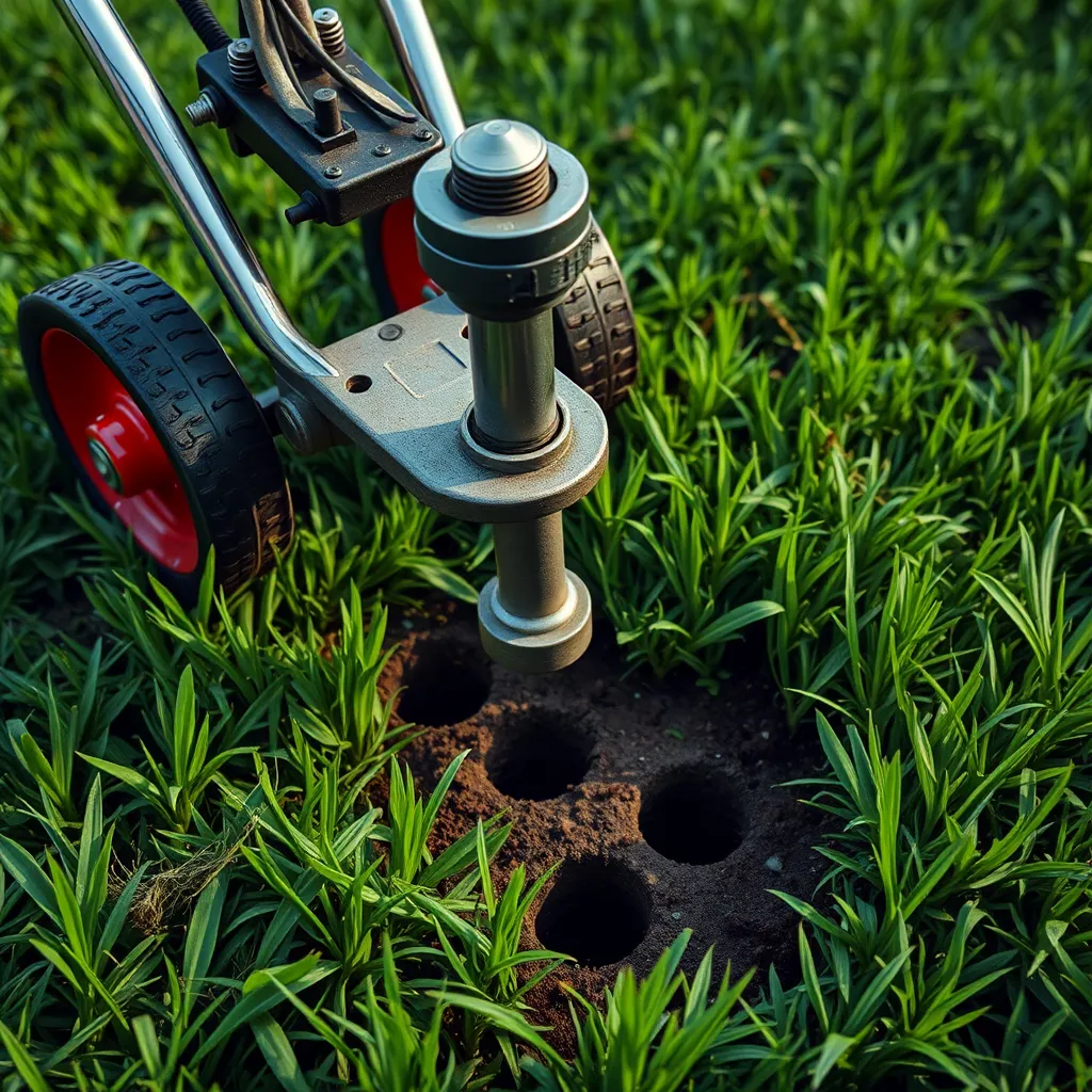 A close-up photo of a lawn aerator being used on a lush green lawn. The aerator should be visible, and the holes it creates in the ground should be clear. The image should be focused on the aerator and its impact on the soil, showcasing the benefits of aeration.