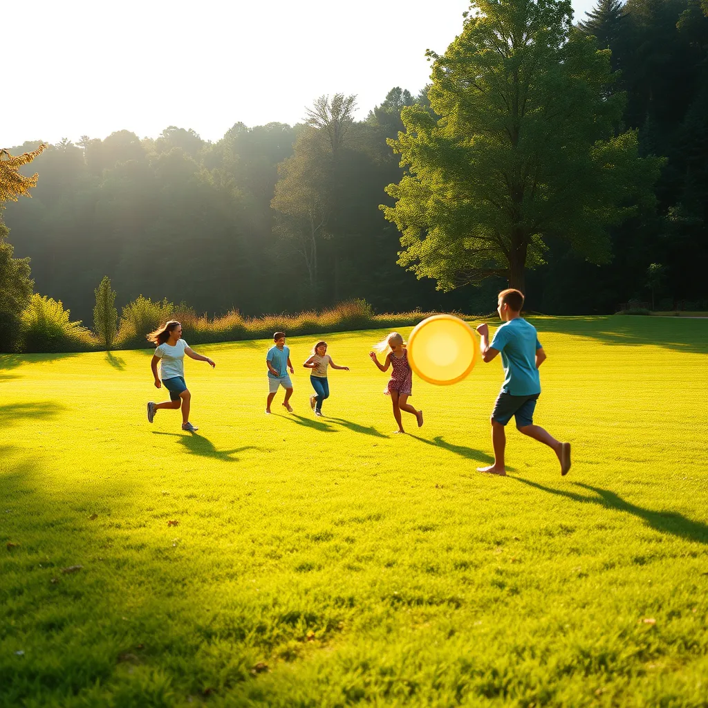 A medium-distance shot of a family playing frisbee on a sprawling green lawn, with a backdrop of a lush forest. The lawn is well-maintained with healthy, organic grass, showing no signs of weeds or pests. Capture the playful energy of the family and the vibrant natural beauty of the surroundings. The lighting should be warm and natural, casting long shadows across the lawn. The image should evoke a sense of tranquility, sustainability, and family fun. Style reference:  Nature photography by  Steve McCurry, 8K resolution, photorealistic, ultra-detailed.