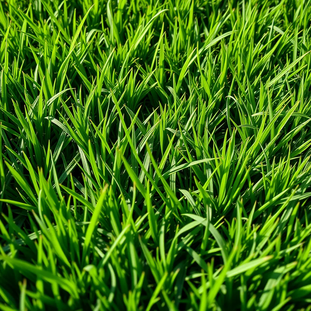 A pristine lawn with a close-up view of the grass blades, free of weeds. The image should highlight the absence of weeds, showcasing the effectiveness of weed control treatments. The grass should be healthy, green, and vibrant, demonstrating a weed-free lawn.