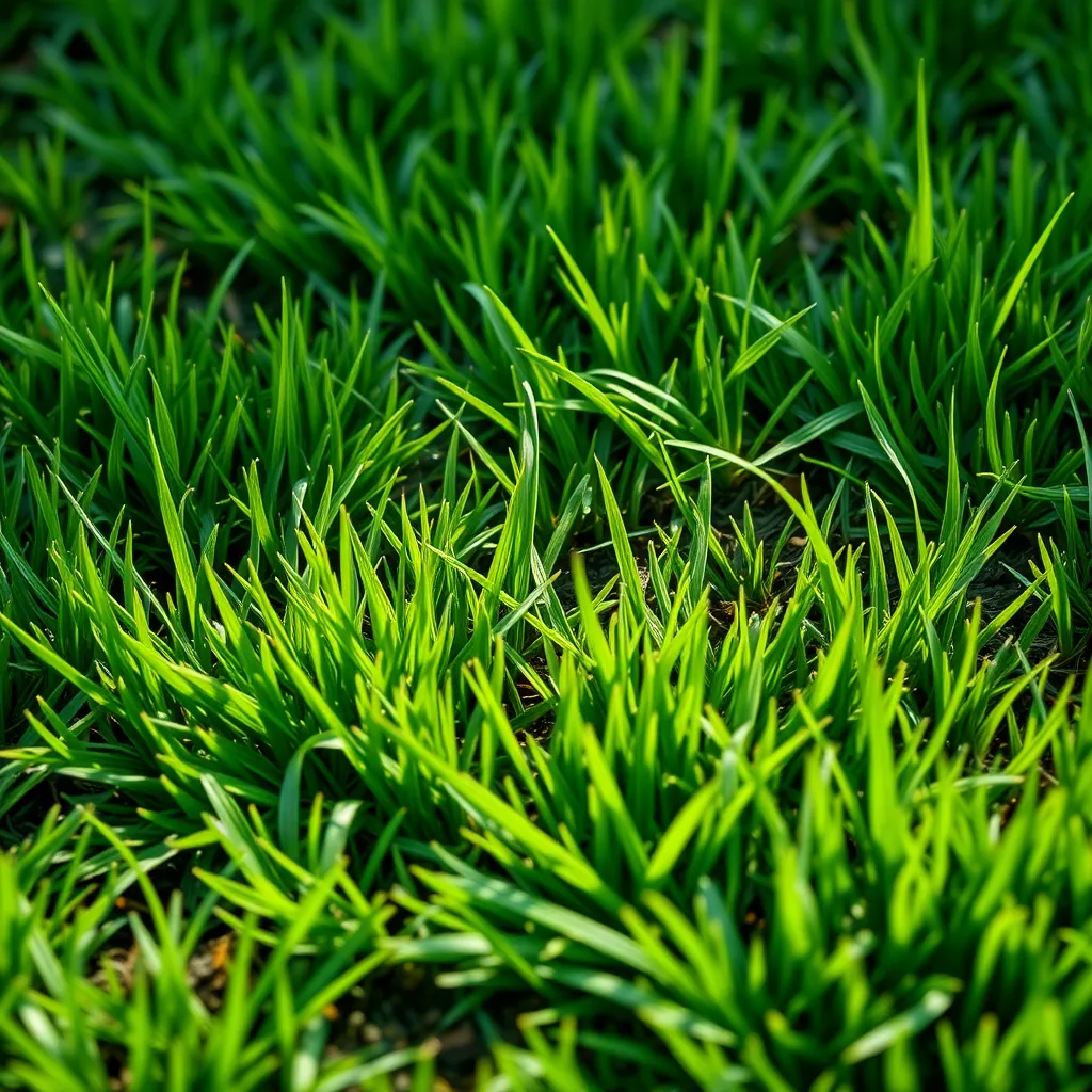 A vibrant, healthy lawn with a lush green color and a rich, fertile soil. The image should showcase the positive effects of fertilization, including strong blades of grass and a thriving, healthy lawn. The focus should be on the overall appearance of the lawn.