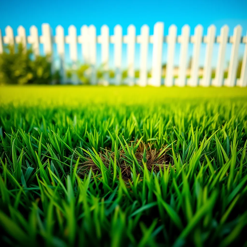 A visually appealing image of a lawn with a contrast between the vibrant green grass and a small patch of weeds. The background should be a white picket fence and a bright blue sky.