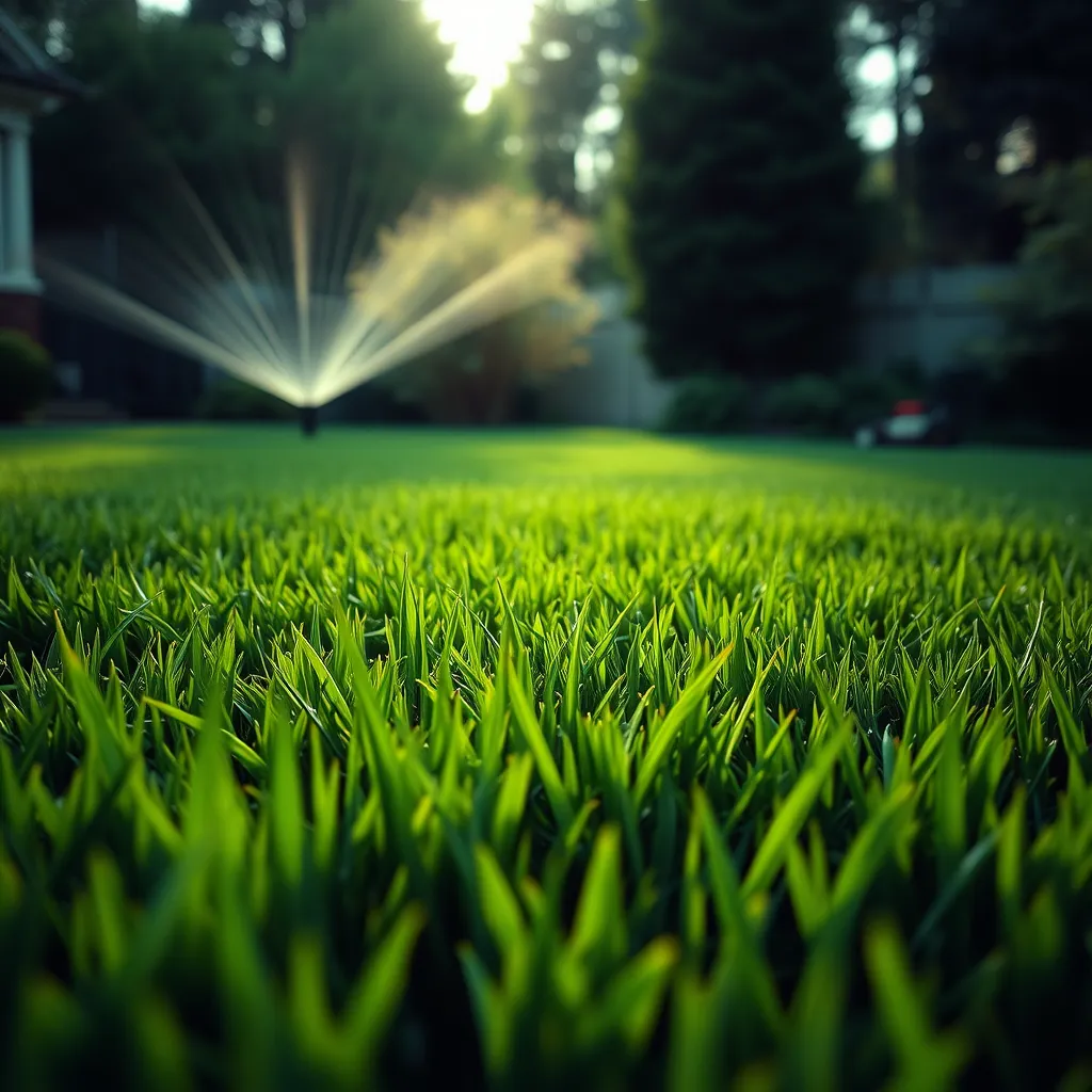 A wide-angle shot of a pristine, perfectly manicured lawn bathed in soft, diffused lighting.  The grass is a deep, vibrant green, free of any weeds.  Focus on the healthy, lush texture of the grass, with blades gently swaying in a gentle breeze.  Include subtle details like a sprinkler system and a lawn mower in the background, adding a sense of order and care. The color palette should be cool and calming, with a hint of the warm glow of the evening sun.  Style reference:  Landscape photography by Ansel Adams, 8K resolution, photorealistic, ultra-detailed.