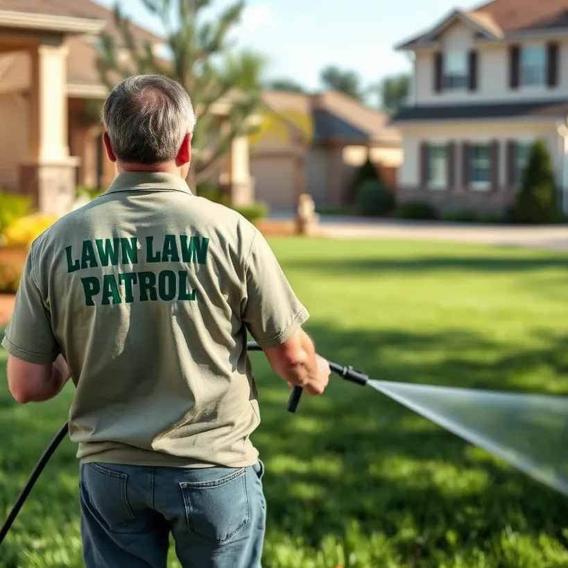 A close-up image of a hand holding a weed control sprayer, with a green, weed-free lawn in the background. The image should focus on the sprayer, emphasizing the precision and effectiveness of weed control. The lawn should appear lush and healthy, with no visible weeds.