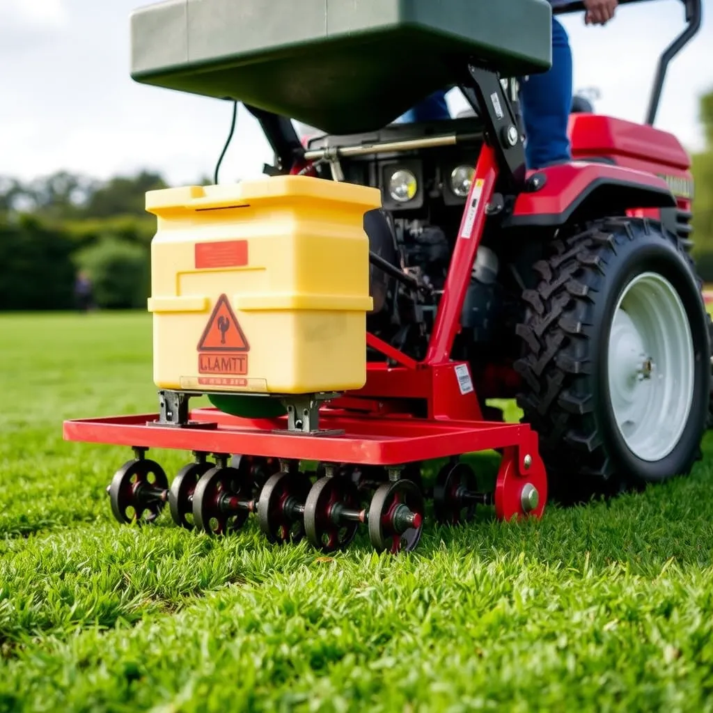 A close-up shot of a lawn aerator in action, with a plume of soil being ejected from the ground. The background should be a lush, green lawn, with a few scattered leaves and some vibrant wildflowers.