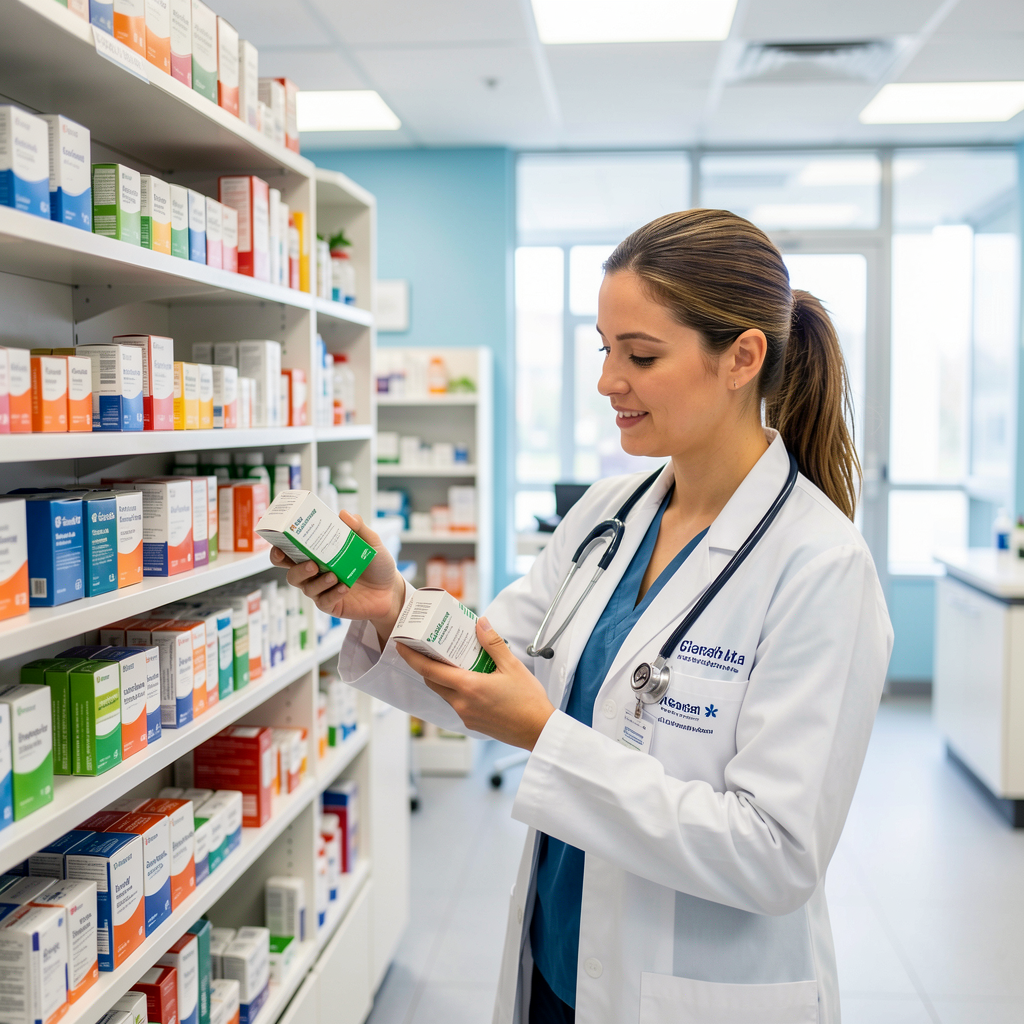 Pharmacist reviewing medication safety packaging