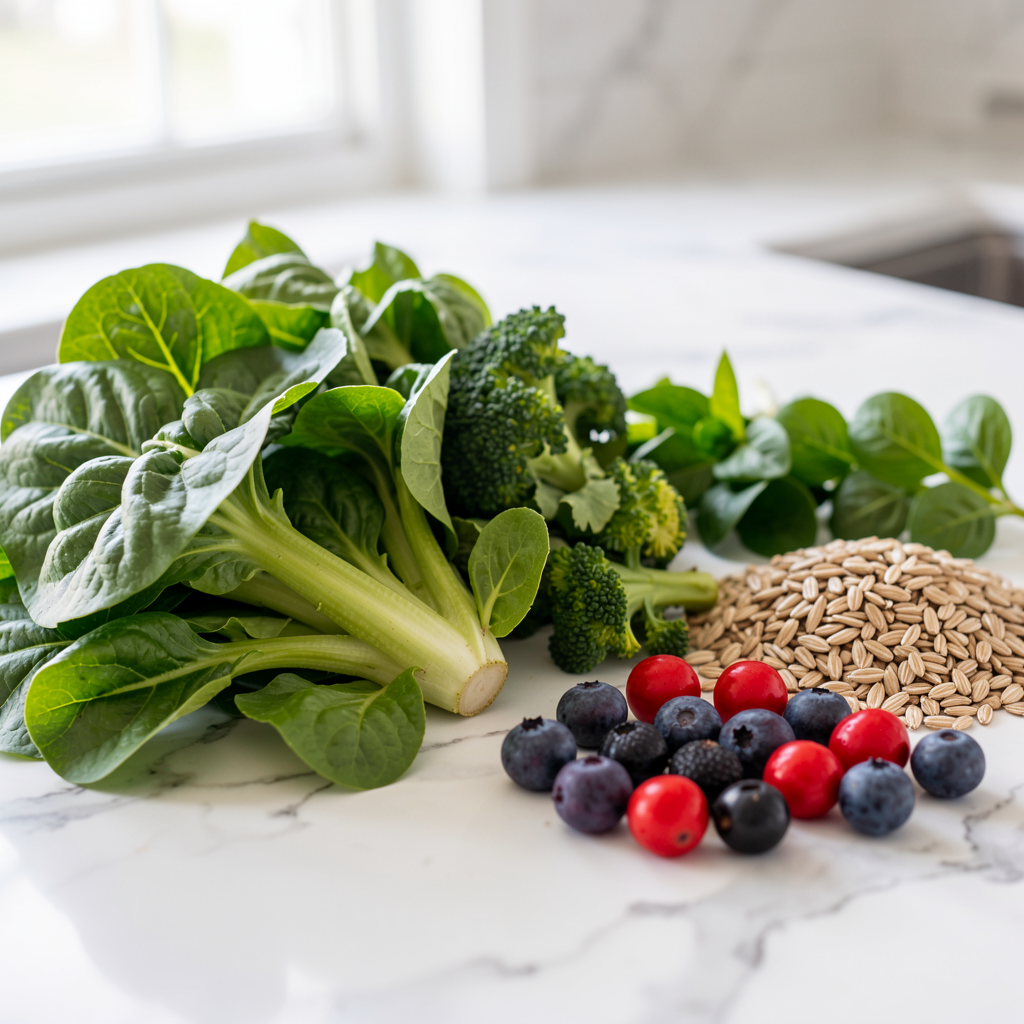 Healthy vegetables and berries on counter