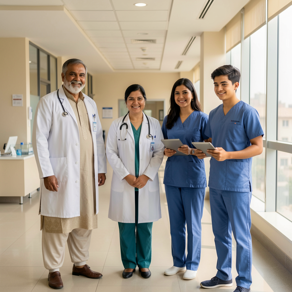 Mixed-age Pakistani medical professionals smiling in a clinic