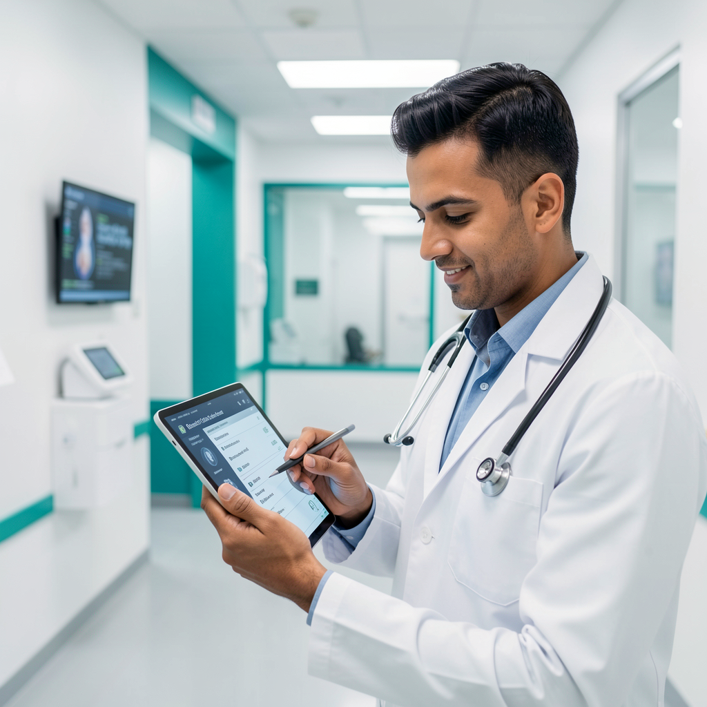 Doctor reviewing digital health records on a tablet in a modern clinic