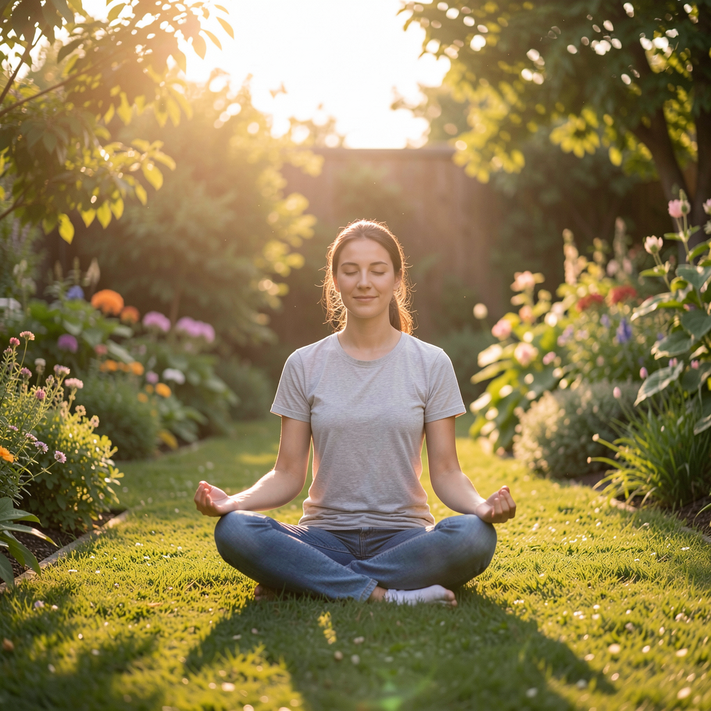 Person meditating outdoors in a garden