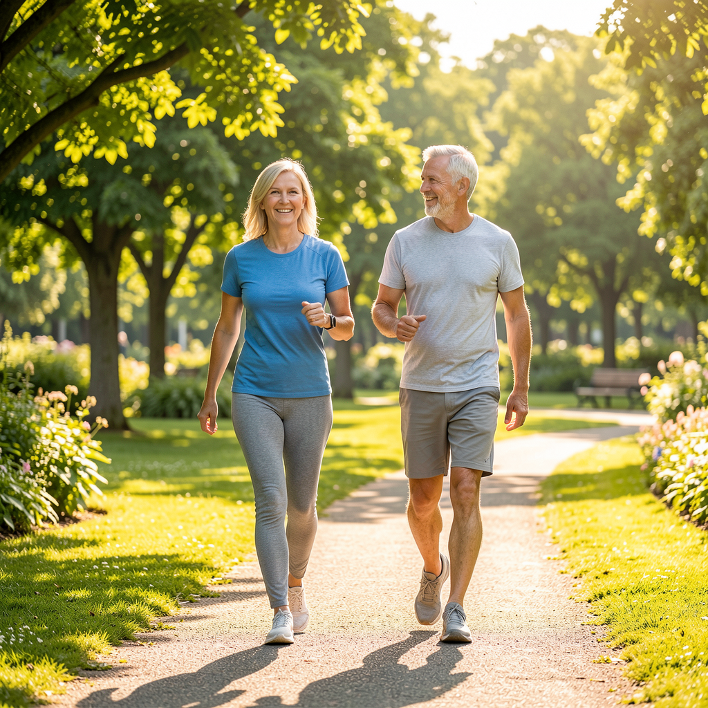 Senior couple walking in a park