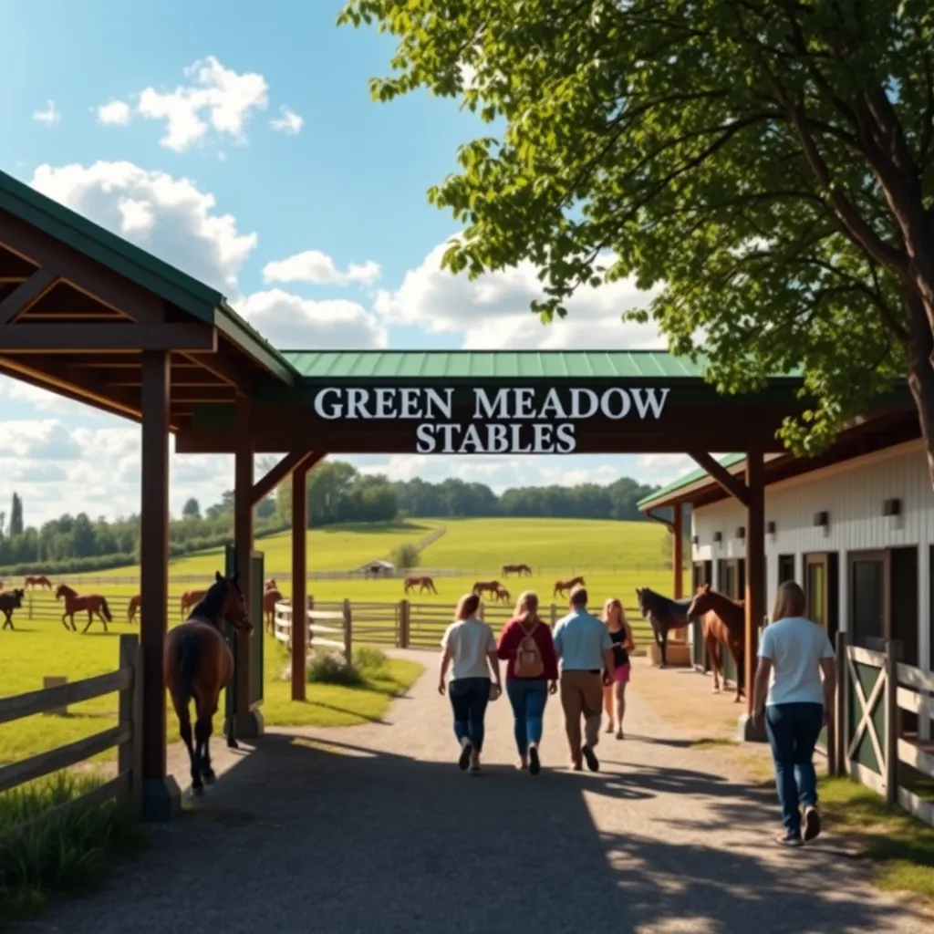 A beautiful, sunny day at Green Meadow Stables, featuring the entrance to the facility. The stables are surrounded by green pastures with horses grazing, showing people walking toward the entrance, excited to visit the stables.