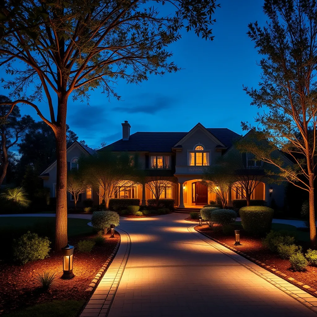 A beautiful suburban home at twilight, showcasing elegant outdoor lighting along the pathways and highlighting trees and shrubs in the garden. The house's architectural features are subtly illuminated, creating a warm, inviting atmosphere in the serene evening setting.
