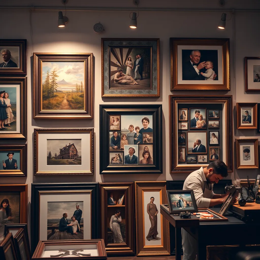 A beautifully arranged variety of framed artworks, including an oil painting, a family photo collage, and a shadowbox for memorabilia, displayed in a stylish framing shop. The space features warm lighting, elegant wooden frames, and a professional framer at work, showcasing custom craftsmanship.