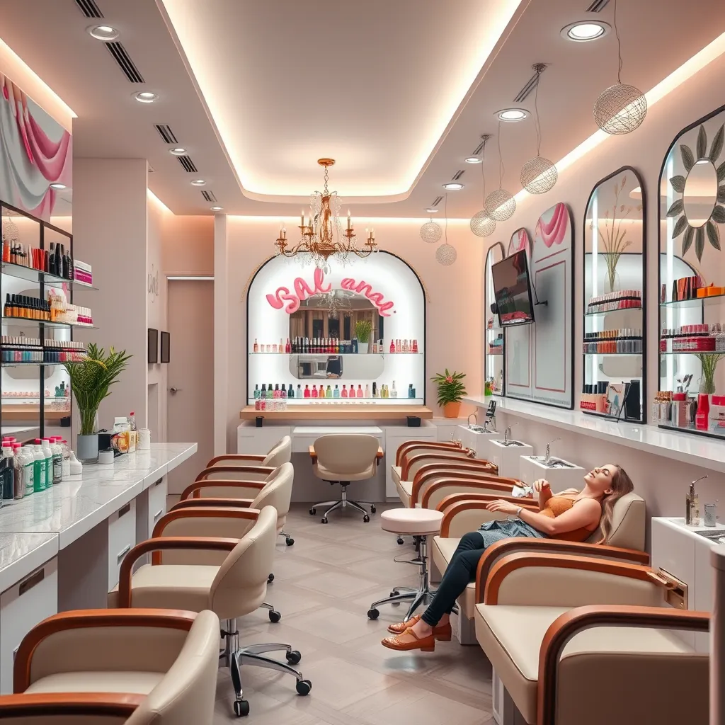 A beautifully designed nail salon interior showcasing a variety of nail care services. Display a nail technician performing a manicure on a client, emphasizing colorful nail polishes and elegant nail designs. Include a relaxing ambiance with soft lighting and comfortable nail stations.
