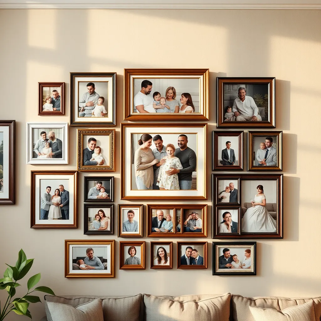 A beautifully framed family photo collage, showcasing various family members and generations, elegantly arranged on a tasteful wall. The frames vary in style and color, creating a warm and inviting atmosphere. Soft natural light highlights the photos.