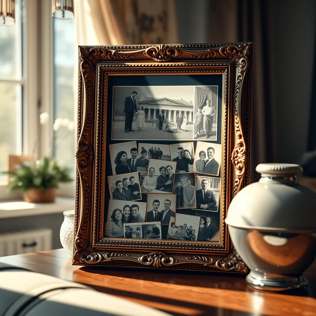 A beautifully framed family photo collage displayed in a cozy home setting, sunlight streaming through a nearby window. The frame features intricate detailing, and the collage includes various family photos and memorabilia, showcasing the importance of preservation.