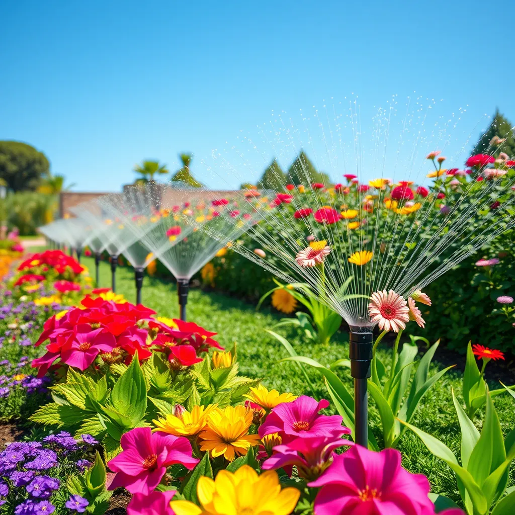 A beautifully landscaped garden showcasing a variety of vibrant plants, with a custom-designed irrigation system visibly watering them. Emphasis on neatly arranged sprinkler heads and tubing, surrounded by lush greenery and colorful flowers under a clear blue sky.