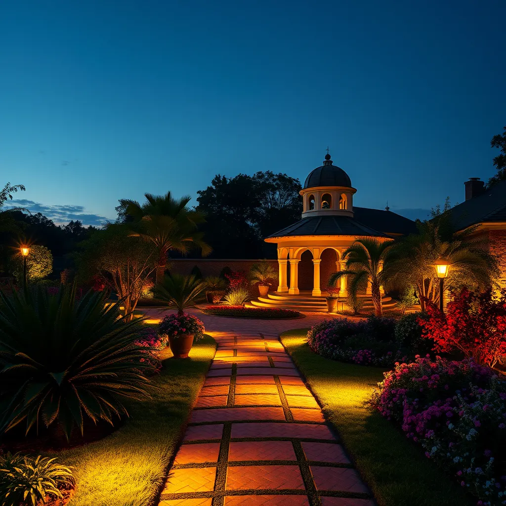A beautifully lit garden at dusk, featuring spotlighting on architectural elements and gentle illumination along pathways. The landscape is lush and vibrant, with soft shadows creating a warm and inviting nighttime atmosphere.