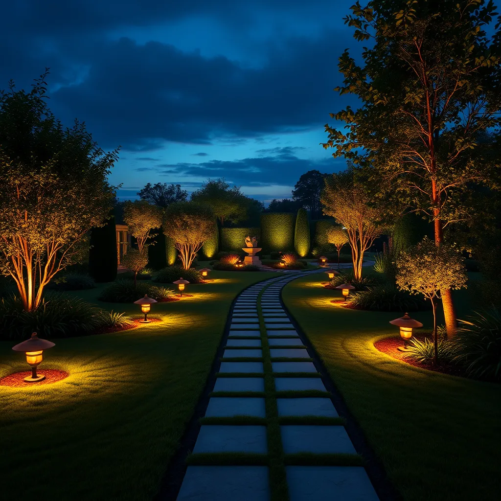 A beautifully lit garden at twilight, showcasing elegant pathway lighting that guides the way through a manicured lawn. Include illuminated features such as sculptures or trees, creating a warm ambiance that highlights the beauty of the outdoor space.