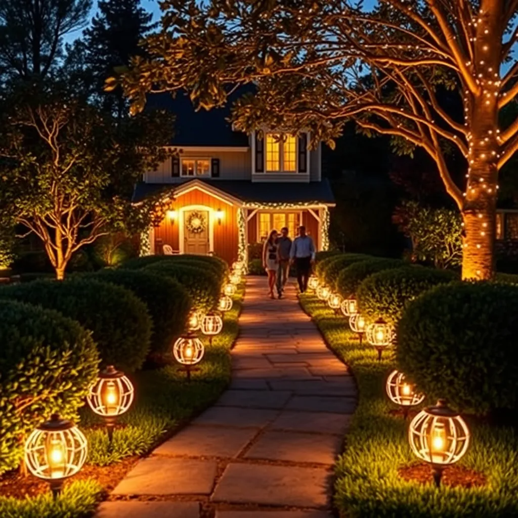 A beautifully lit garden featuring decorative outdoor lights along a pathway, illuminating bushes and trees. The scene is at dusk, highlighting the glow of the lights in contrast to a charming home. Guests are seen happily navigating the well-lit space.