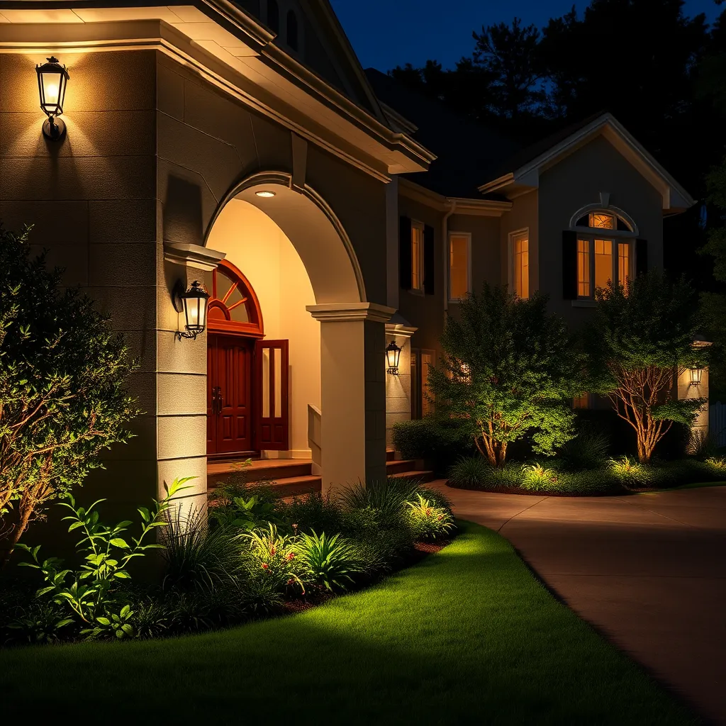 A beautifully lit home exterior at night, with architectural features highlighted by elegant wall sconces and strategic spotlighting. The well-maintained yard showcases lush greenery, and the driveway glows softly, exuding charm and enhancing the property's curb appeal.