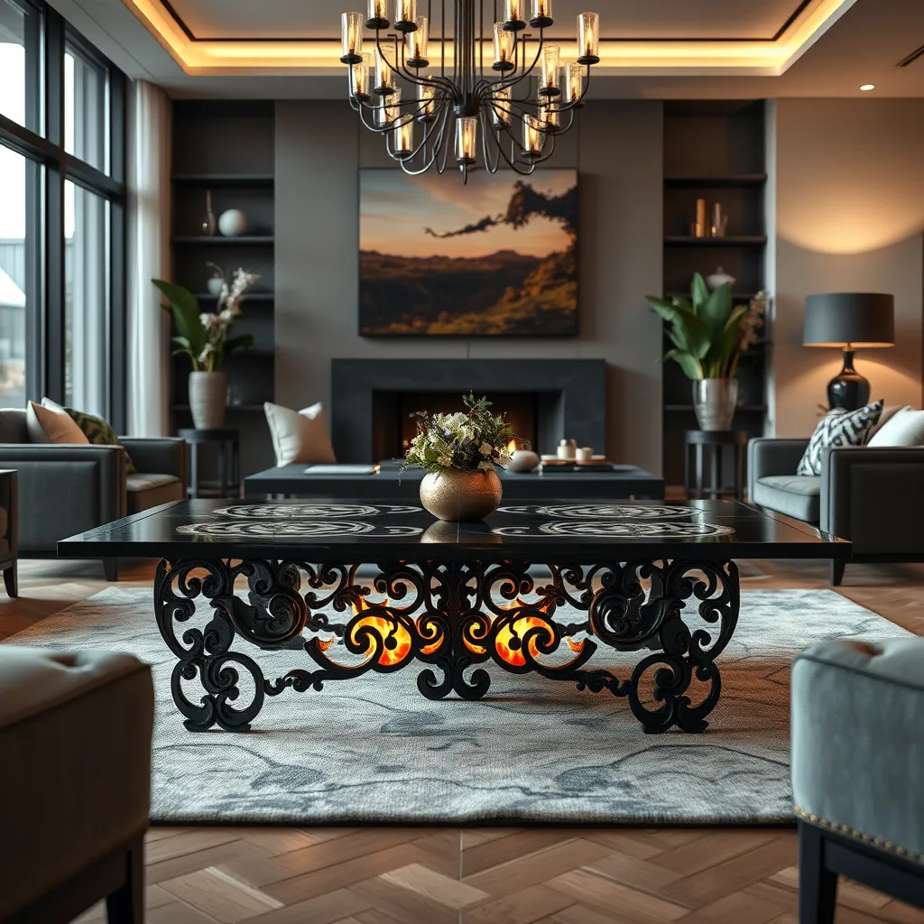 A beautifully lit image of a custom-forged steel coffee table with intricate designs, placed in a stylish, contemporary living room setting. The table showcases the skillful craftsmanship and attention to detail in the forging process, surrounded by elegant, modern decor.