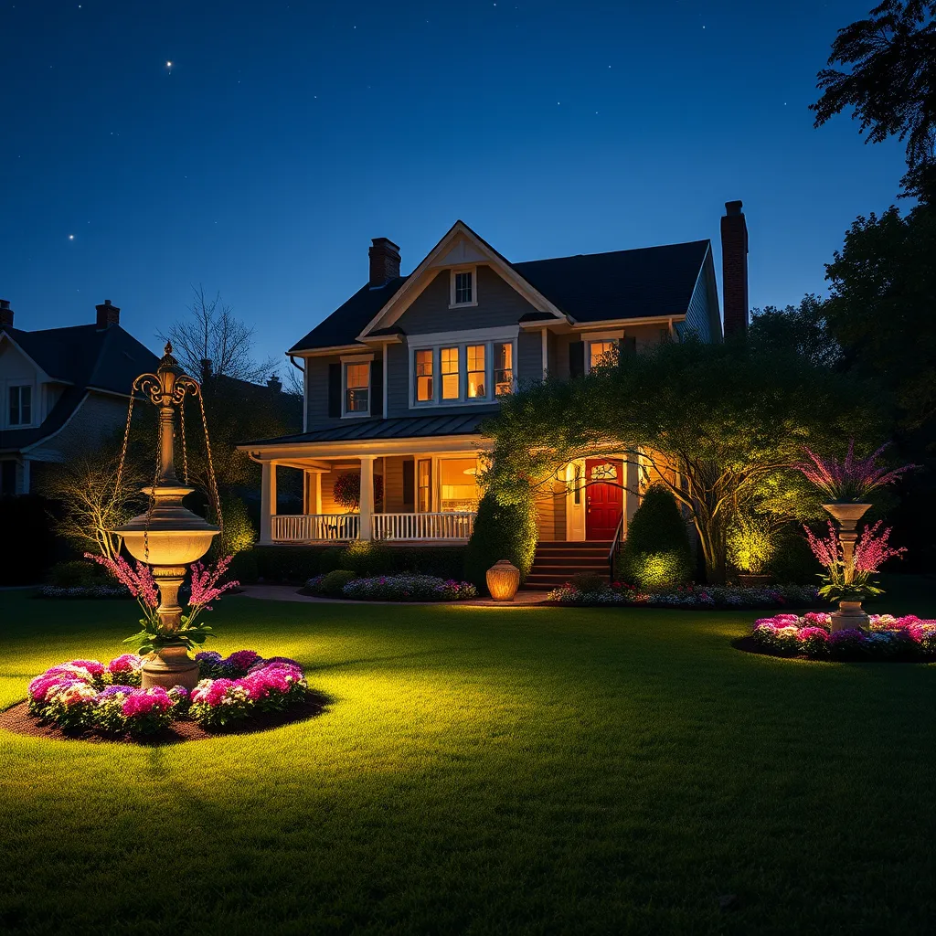 A beautifully lit lawn featuring elegant landscape lighting in various designs, casting soft glows on flower beds and trees. The night sky is visible with stars, and the soft illumination highlights a charming Boston home.