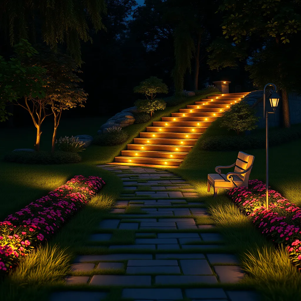 A beautifully lit pathway with soft, warm lights guiding the way, surrounded by lush green grass and colorful flower beds. Include illuminated stairs that lead to a well-designed seating area, with soft lighting casting shadows for a cozy atmosphere.