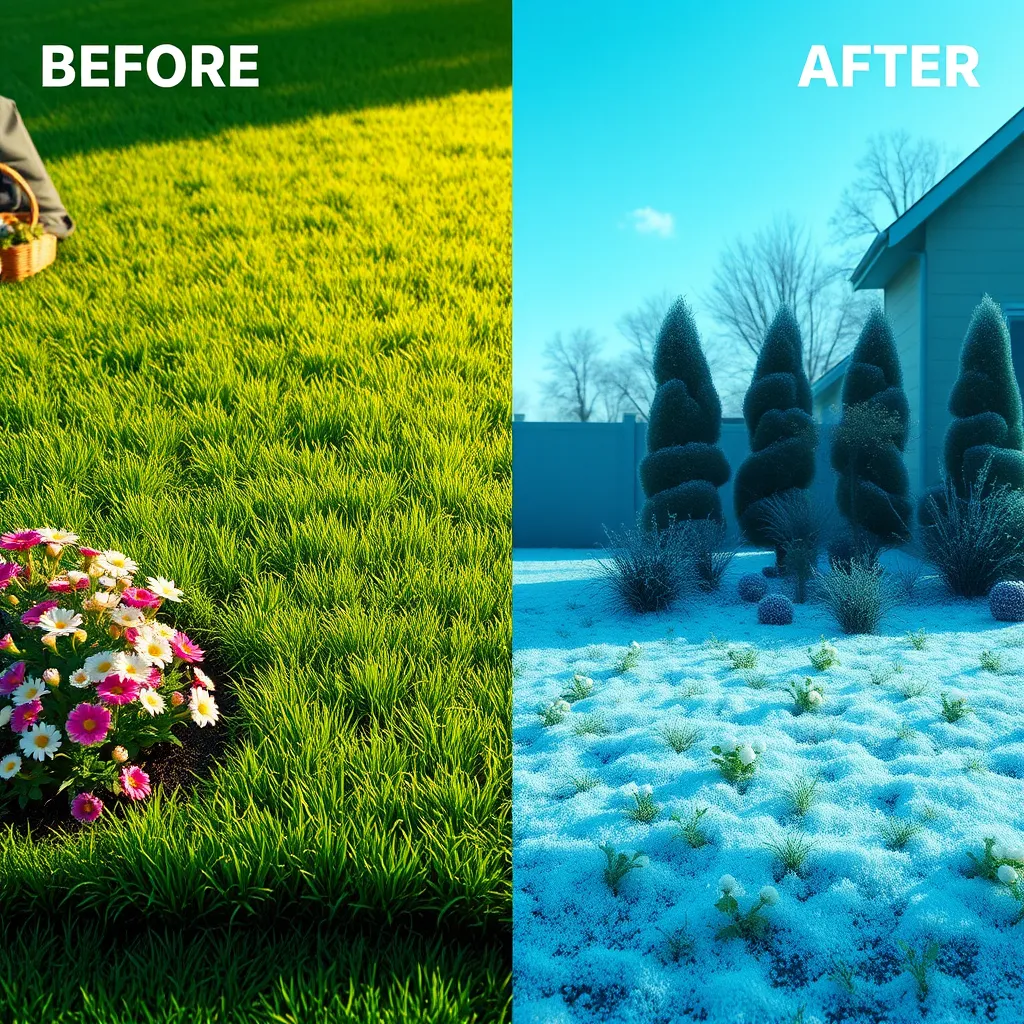 A before-and-after scene depicting a lawn being prepared for different seasons. One half shows a vibrant spring lawn with blooming flowers, and the other half depicts a winterized system with protective measures in place, highlighting seasonal care.