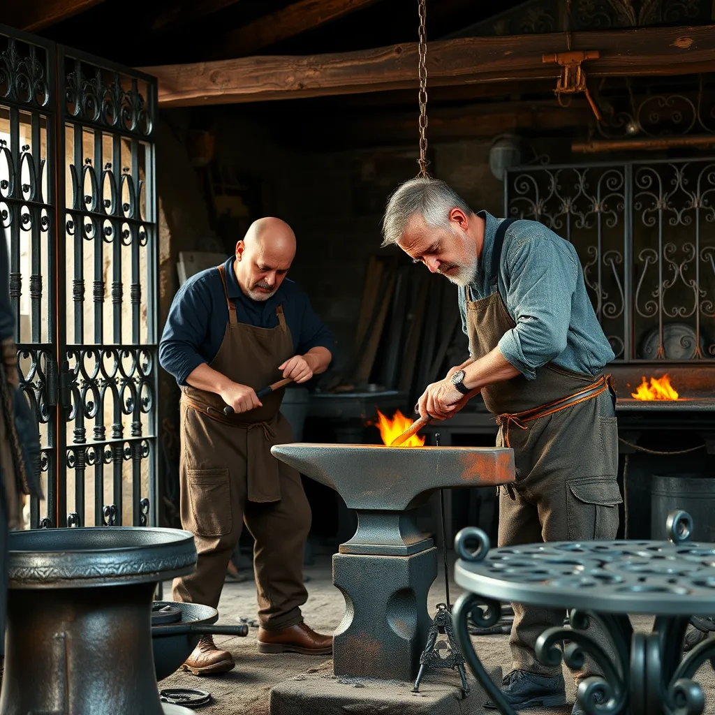 A blacksmith in a traditional forge setting, hammering a hot piece of iron on an anvil. Around the forge, there are beautifully crafted iron gates and steel furniture, showcasing detailed designs and high-quality craftsmanship.