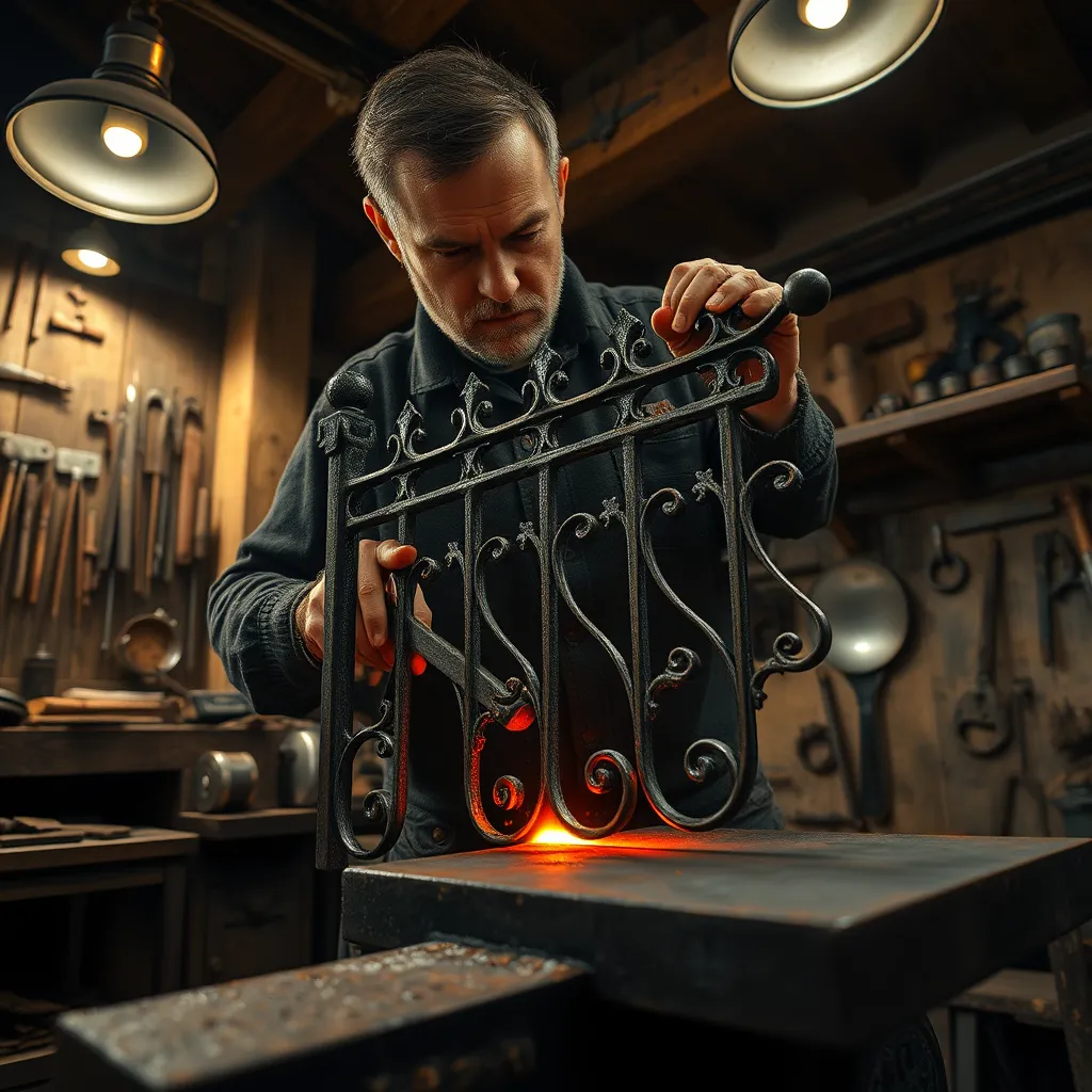 A blacksmith meticulously forging a wrought-iron gate, using traditional tools and techniques. The glowing, red-hot iron is being skillfully hammered into shape on an anvil. Soft, diffused lighting from overhead lamps creates a warm, inviting ambiance, highlighting the textures of the forge, tools, and the forged iron. The background includes a rustic workshop with wooden beams, shelves lined with blacksmithing tools, and finished samples of intricate ironwork. The color palette features earthy tones of brown, black, and the fiery orange of hot metal. The camera angle is an intimate, eye-level close-up that captures the craftsman's determined expression and the fine details of the iron gate. This ultra-detailed, photorealistic image in 8K resolution evokes the timeless artistry found in traditional blacksmith workshops, drawing inspiration from the work of photographer Chris Chapman.