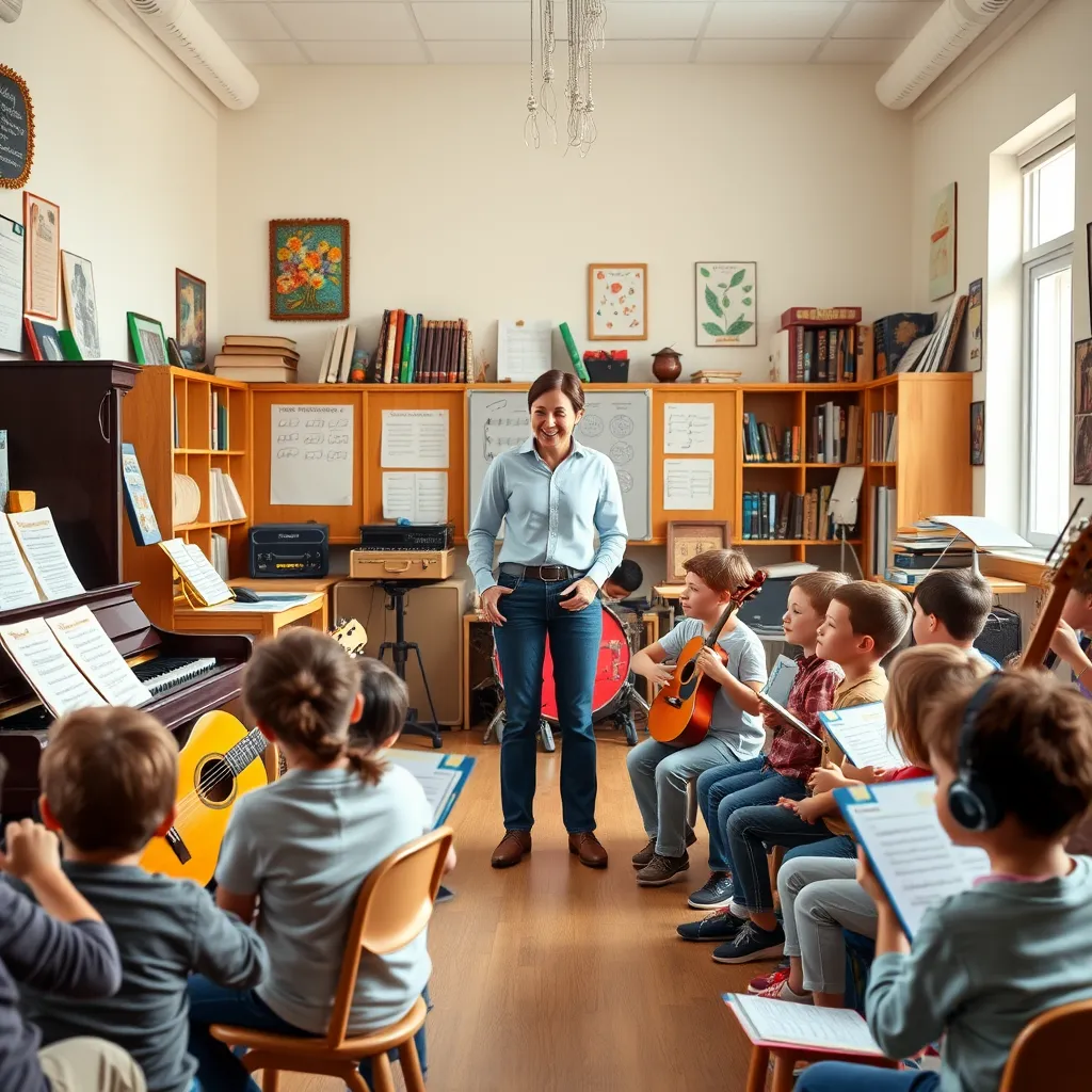 A bright, inviting music classroom filled with various musical instruments like a piano, guitar, violin, and music theory books. The room is filled with children and adults of different ages, engaged in learning music harmoniously. The teacher stands at the center, guiding students with a warm smile. The setting has a joyful and educational atmosphere.