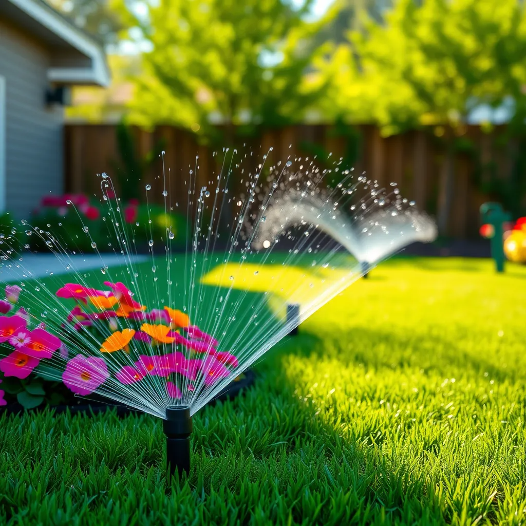 A bright and beautifully landscaped yard featuring a newly installed sprinkler system, with lush green grass and vibrant flowers. The sprinklers are actively watering the lawn, while sunlight creates shimmering water droplets, enhancing the picturesque scene.