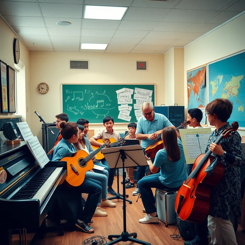 A bright and inviting music room with various musical instruments, including a piano, guitar, violin, and a note sheet on a stand. A diverse group of students and an experienced teacher are engaged in a lively music lesson.