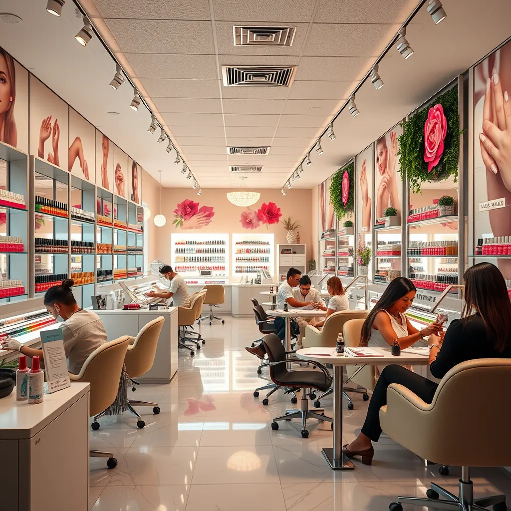 A bright and welcoming nail salon interior featuring skilled nail technicians providing services to clients. Include vibrant nail polish displays, comfortable seating, and relaxing decor to convey a luxurious and professional ambiance.