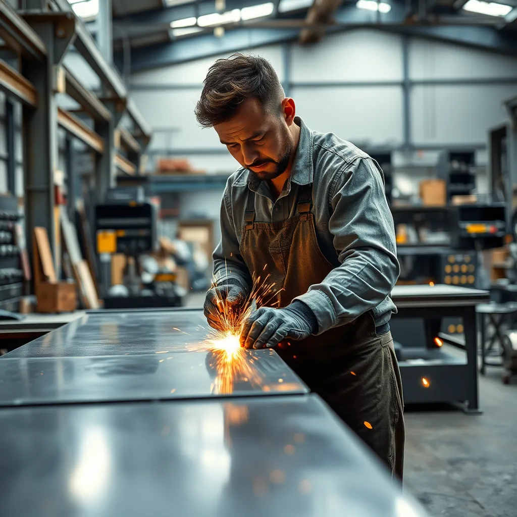 A bustling workshop with a skilled artisan operating a state-of-the-art cutting machine, precisely trimming a large metal sheet. The metal has a reflective, polished surface and emits glowing sparks as cuts are made. Soft, diffused lighting highlights the intricate details of the machinery and the worker's focused expression. The scene is set in a spacious, industrial-style workshop with steel beams, organized tool racks, and various metal components in the background. The color palette consists of cool metallic blues and grays, contrasted by the warm glow of sparks. The perspective is a slight low-angle shot, capturing both the craftsman and the cutting machine in ultra-detailed, photorealistic quality at 8K resolution, in the style of industrial photographer Edward Burtynsky.