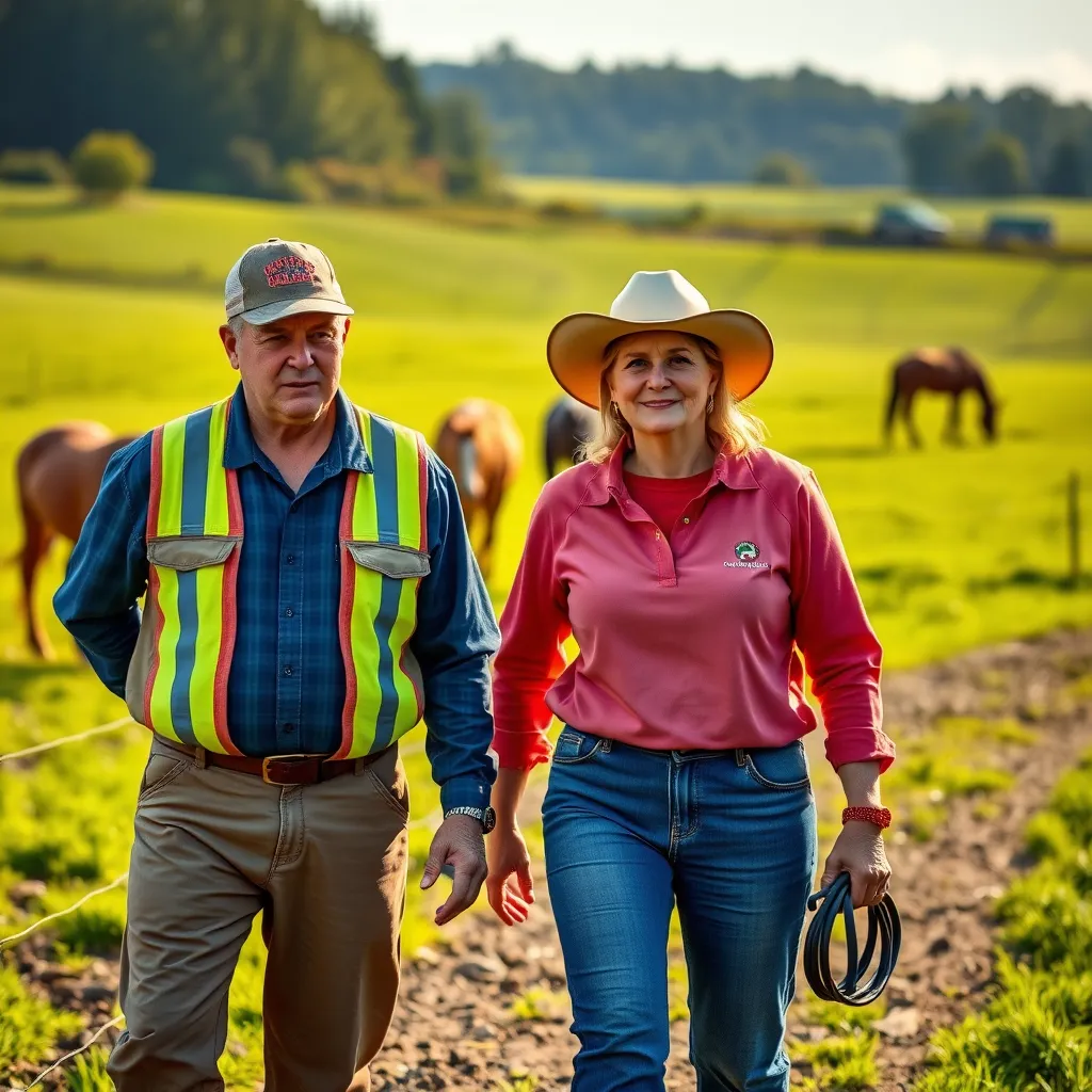 A candid shot of Kevin and Cheryl Barker inspecting the stable grounds, with a backdrop of lush green pastures, horses grazing peacefully. They are wearing practical work attire, with the stable's logo visible, symbolizing dedication and hands-on management.